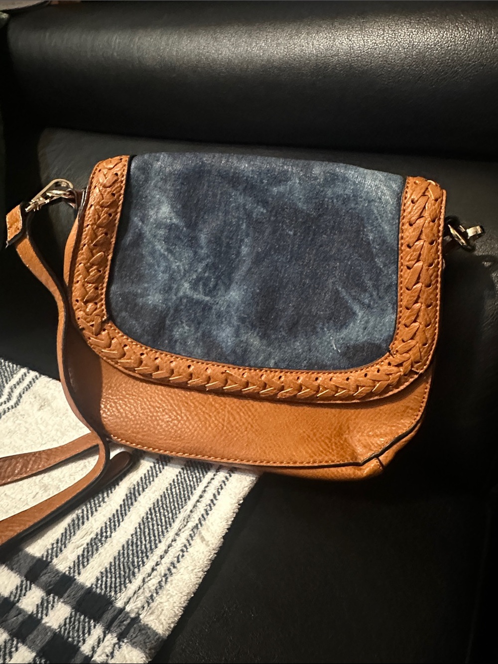 Coco + Carmen Denim Flap Crossbody with Braided Tan Leather Trim